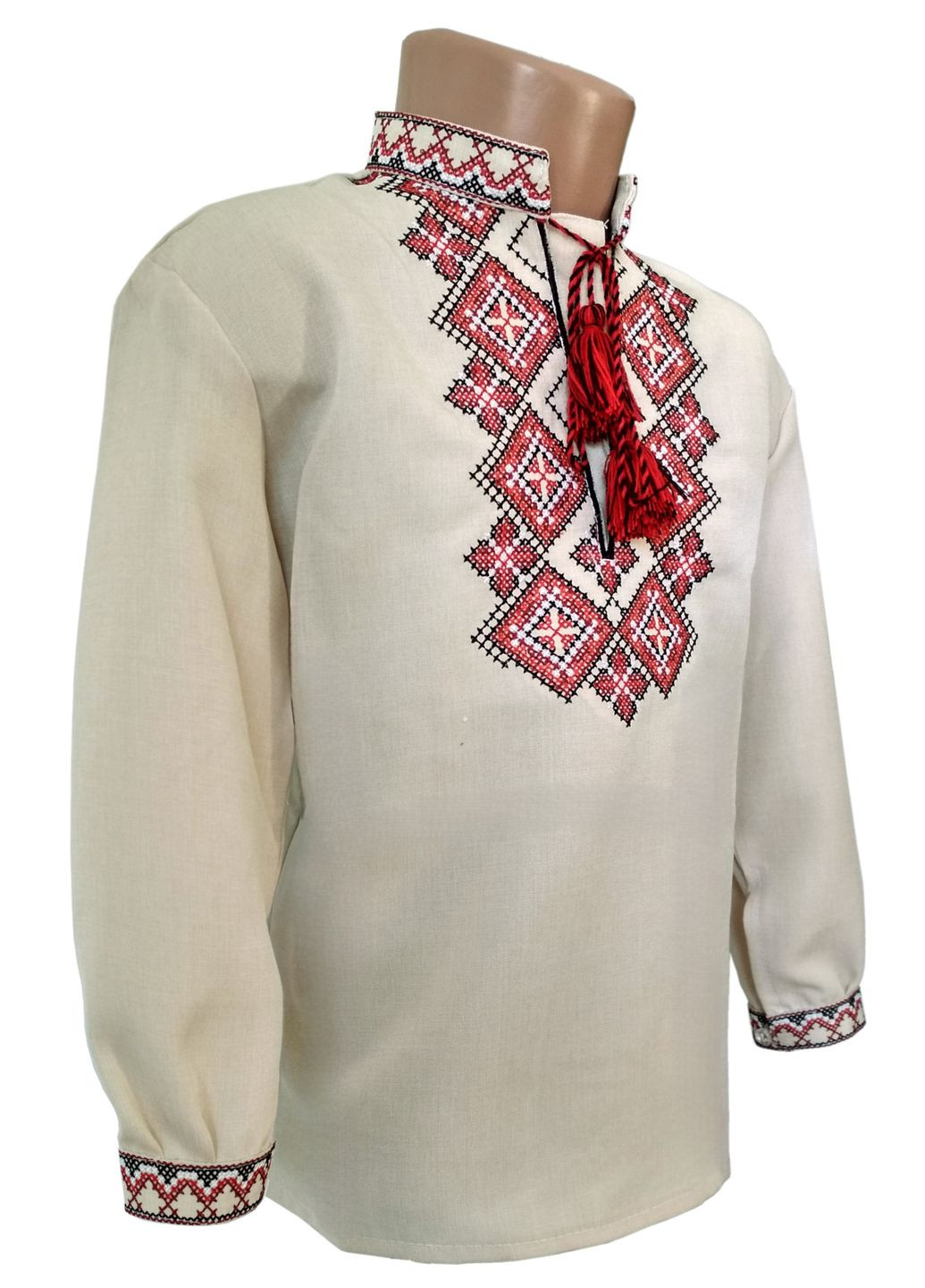 Бежевая детская вышиванка орнамент праздничный красный НоКо узор орнамент габардин (308249074)