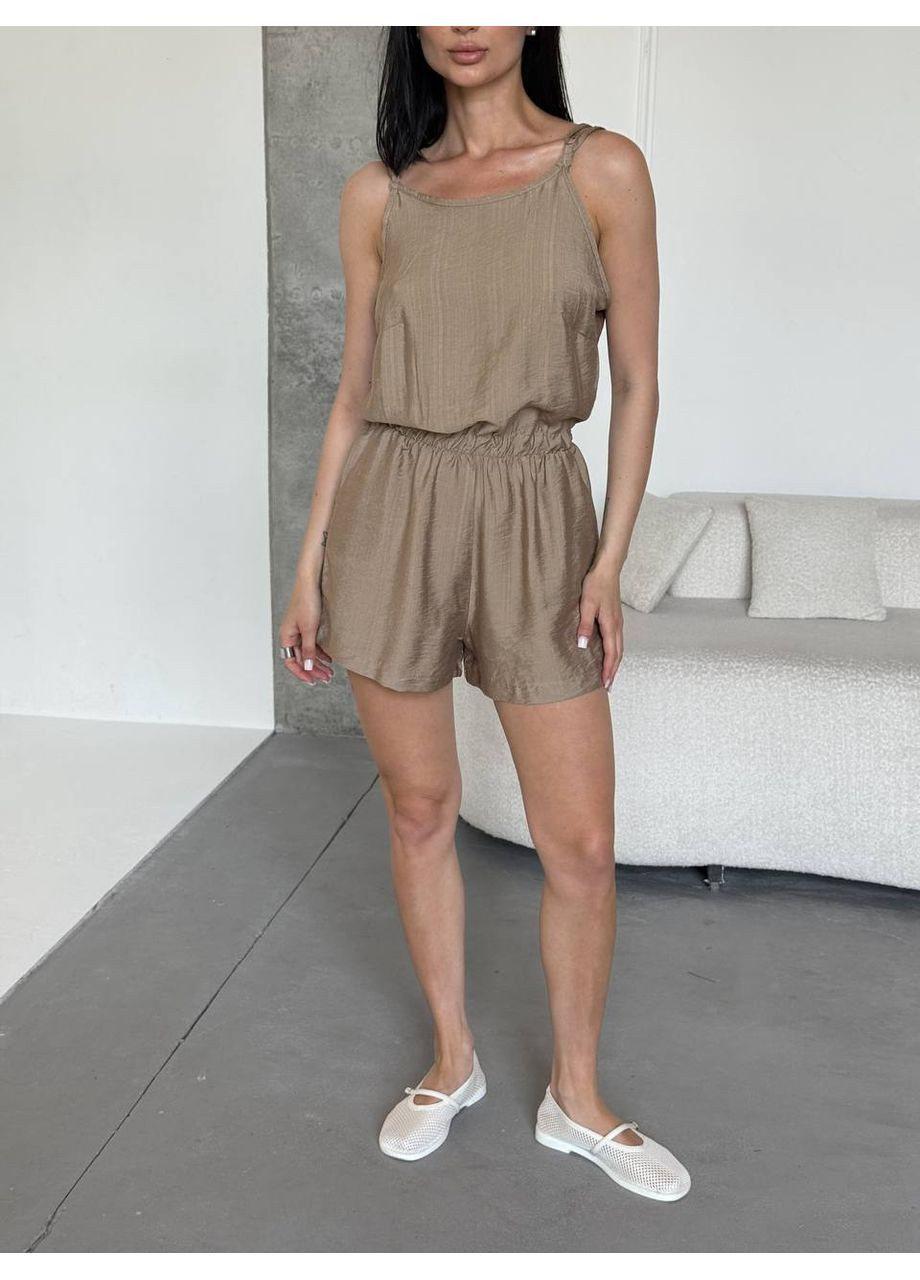 Жіночий літній комбінезон Україна комбінезон-шорти однотонний бежевий кежуал льон, шовк