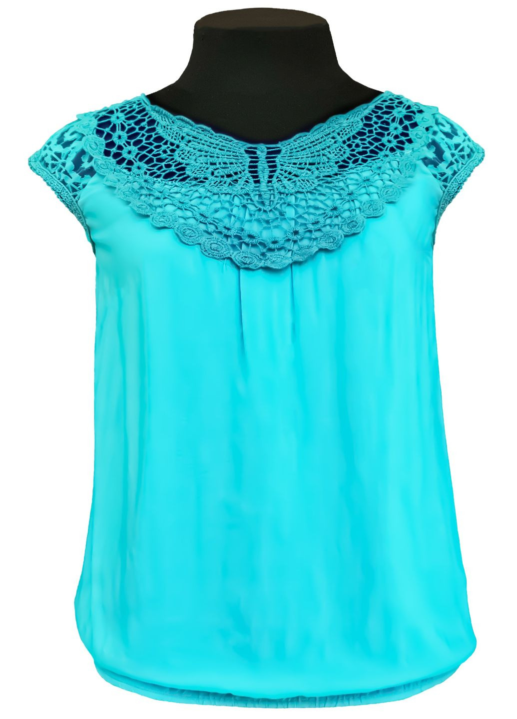 Бирюзовая блузка женская летняя вискозная с коротким рукавом и кружевом бирюзовый free size No Brand