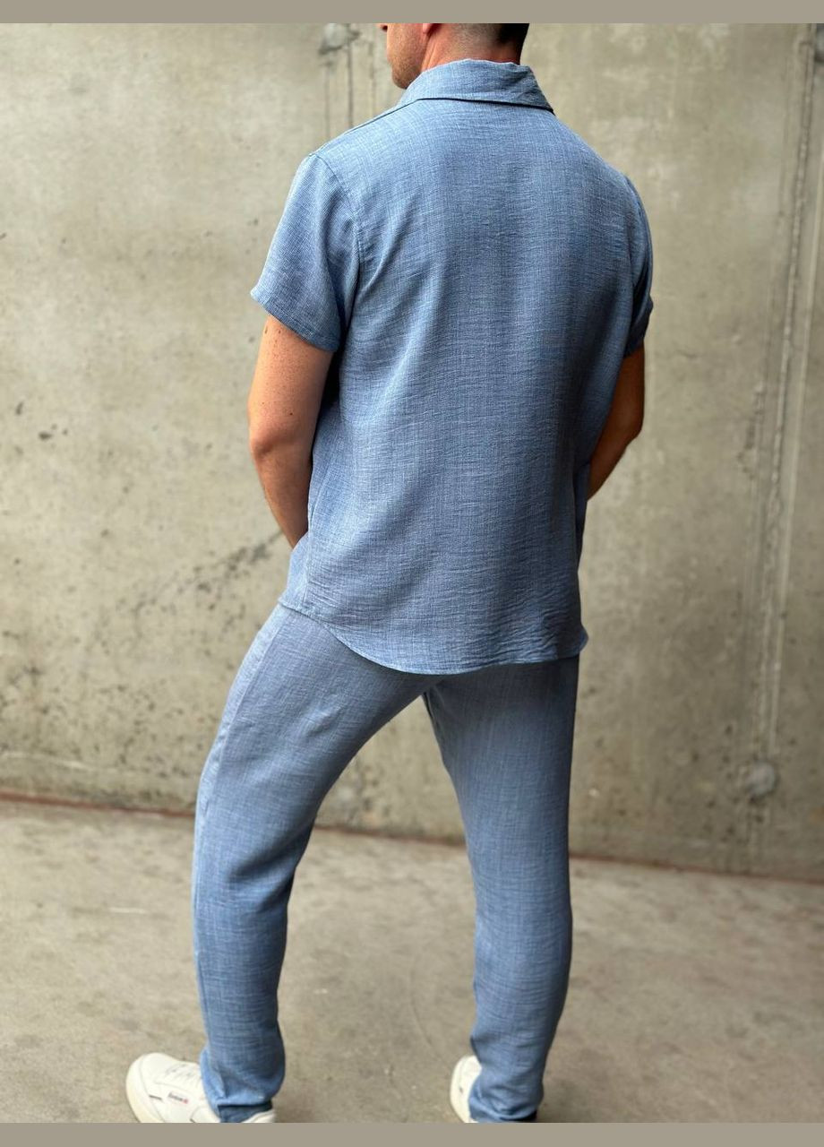 Голубой летний мужской костюм с рубашкой, брючный Гермес