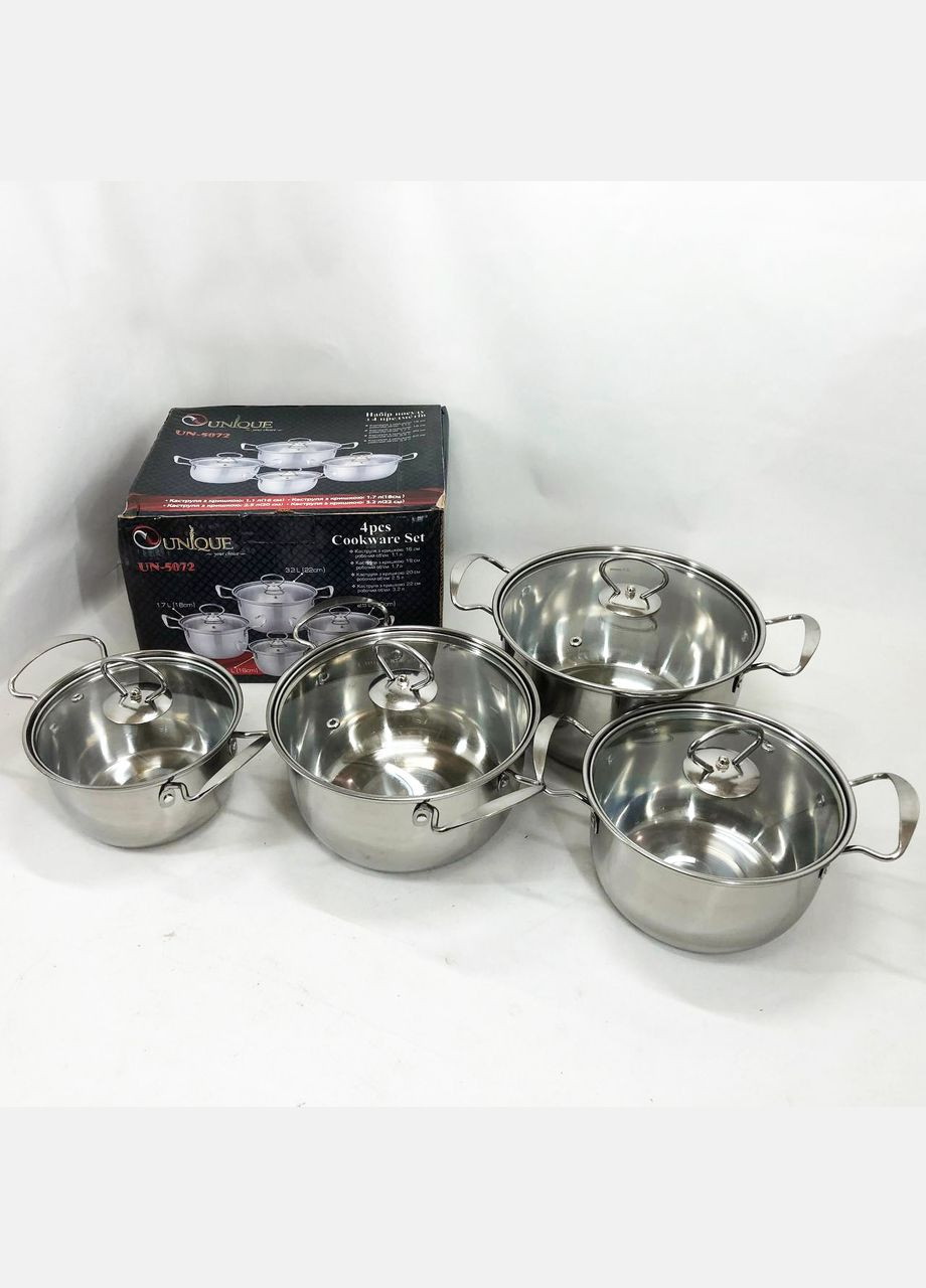 Набор кастрюль UN-5072 8 предметов нержавеющая сталь стеклянные крышки, Набор посуды для плит Unique (364665684)