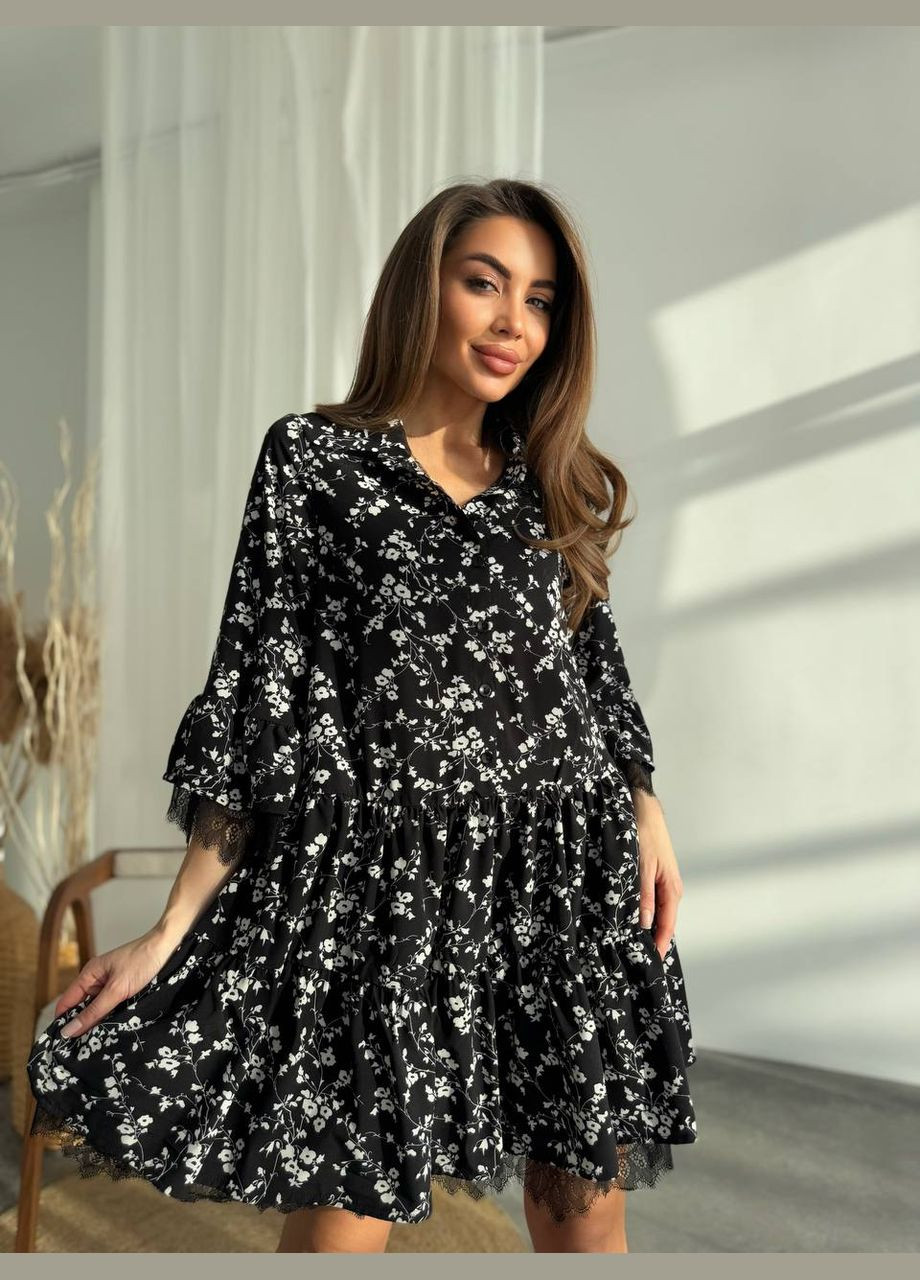 Чорна красива чорна сукня у квітковому принті з мереживами та довгим рукавом – елегантний та витончений вибір для стильних образів. No Brand з квітковим принтом