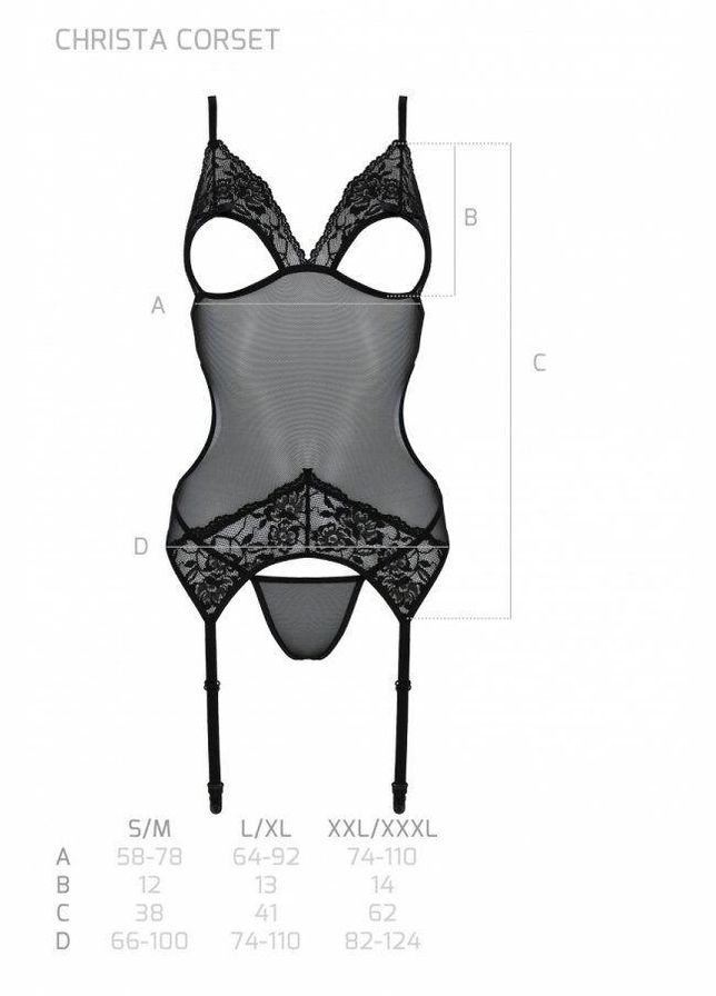 Корсет Christa Corset black XXL/XXXL: с подвязками и ажурным лифом, стринги в комплекте Passion (303877731)