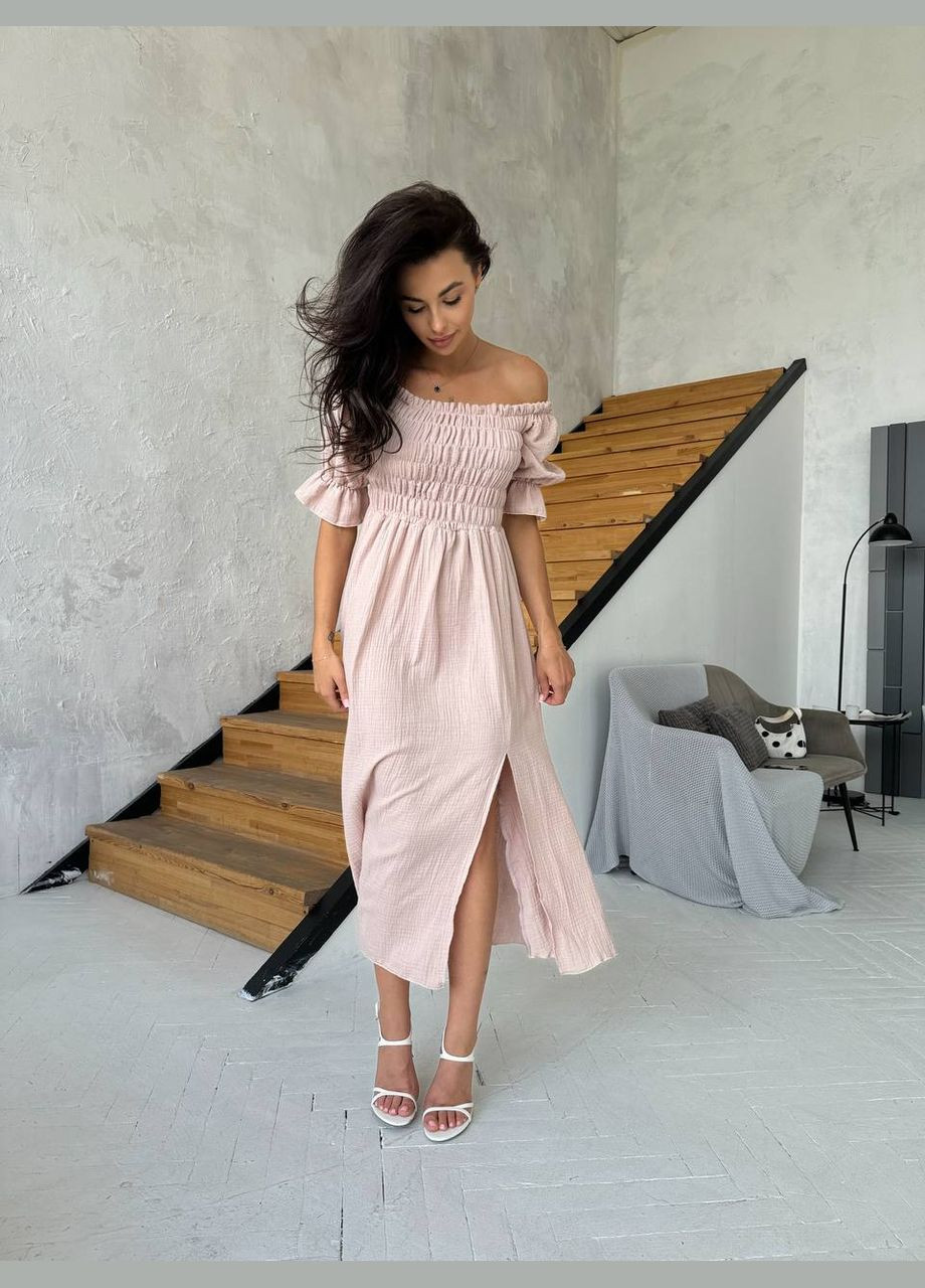 Бежевое кэжуал платье No Brand однотонное