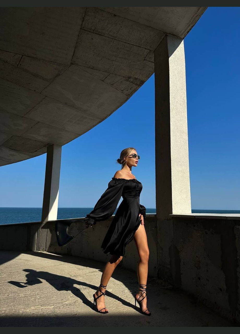 Чорна стильна коротка шовкова сукня з довгим рукавом і відкритим декольте на літо, приваблива чорна літня сукня No Brand