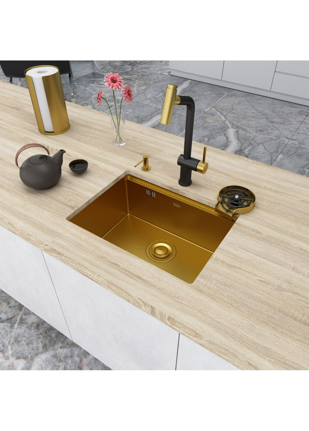 Золота мийка під стільницю з нержавійки кухонна станція NG-5742 Nett 043220 (352261596)