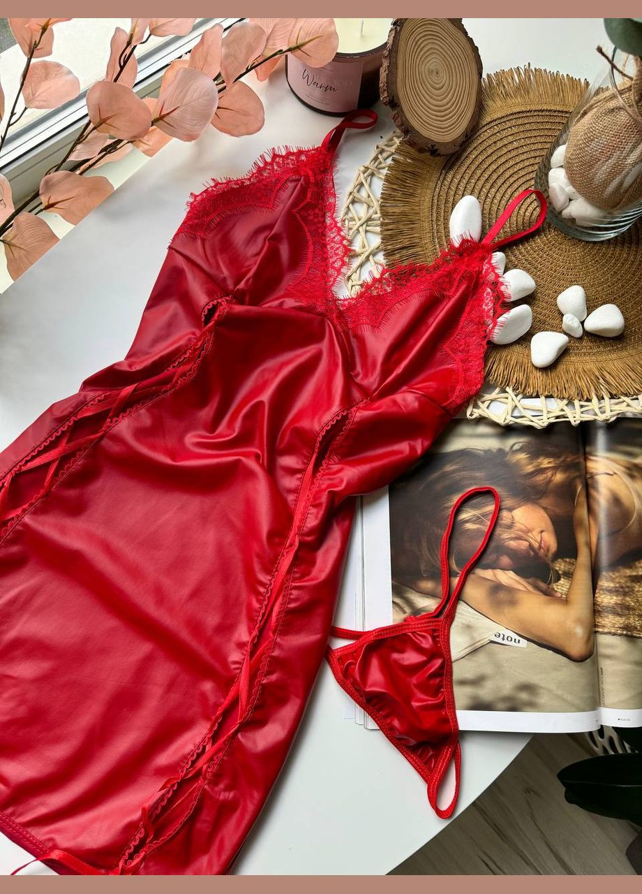 Красный кожанное платье с трусиками и завязками Simply sexy