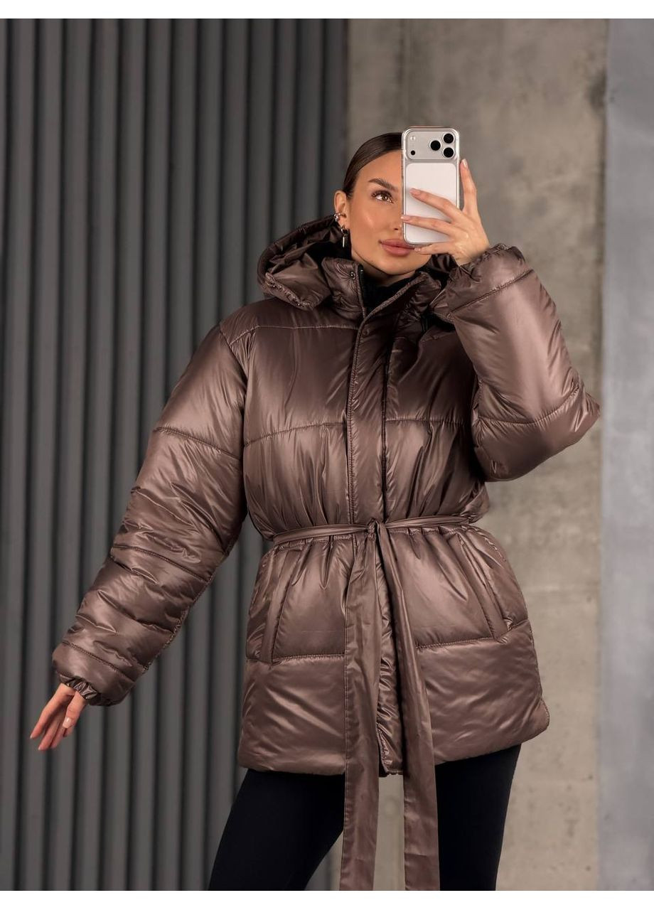 Светло-коричневая зимняя самая теплая зимняя куртка с отстегивающимся капюшоном и поясом — замеры в описании куртка-пальто DK/DL Мода без кордонів