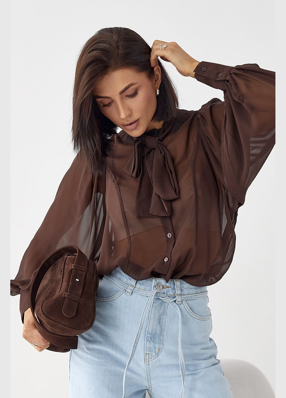 Коричнева прозора блуза з рукавами-ліхтариками Lurex