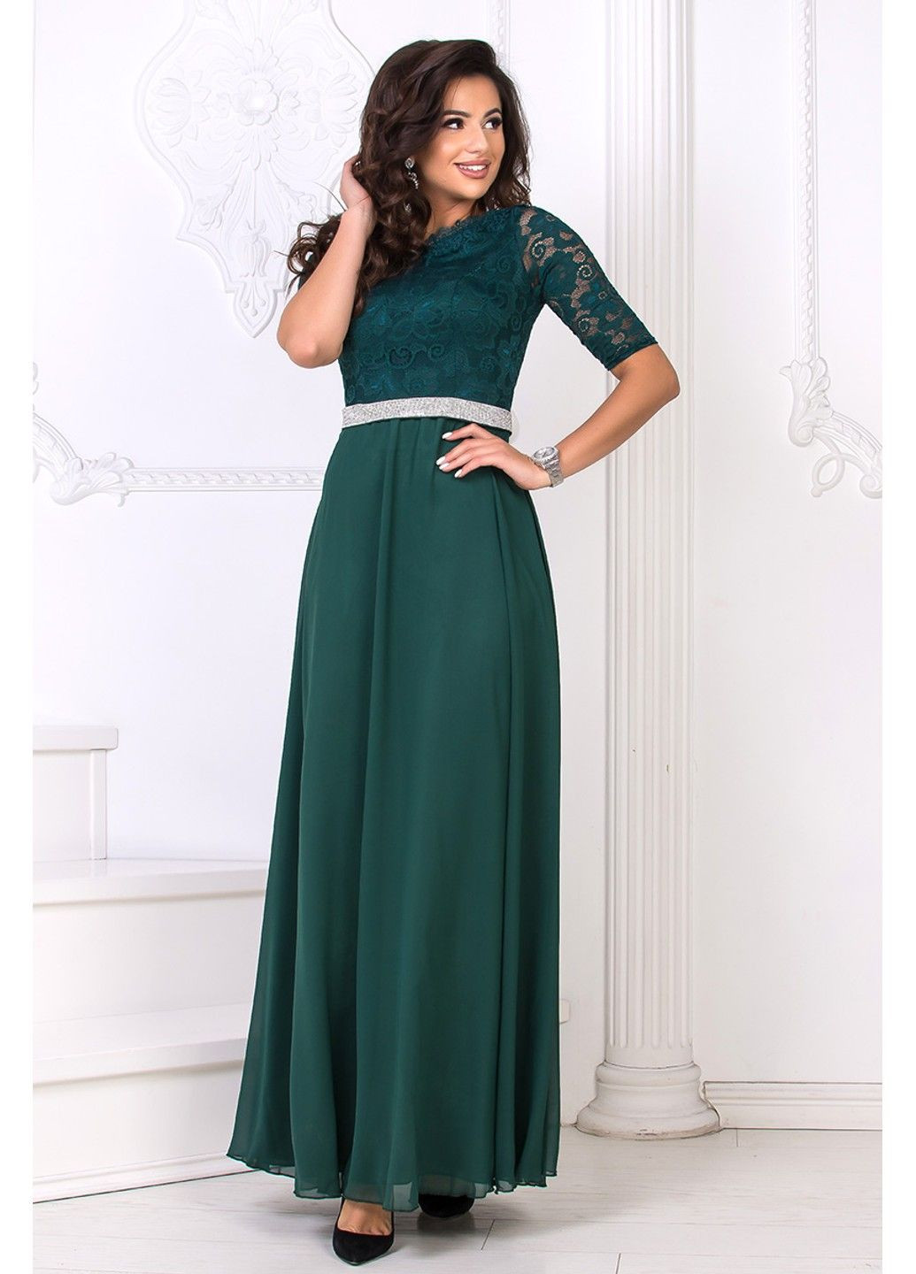 Зелена вечірня сукня гіпюр шифон 6011 зелена Tanita-Romario
