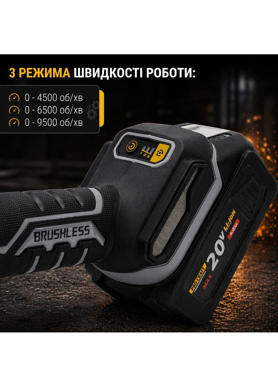 Болгарка акумуляторна Industrial AG125B (без АКБ + коробка) — кутова шліфмашина 125 мм 20V ProCraft (392391688)
