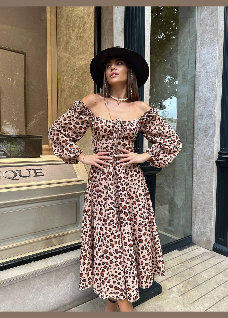 Комбинированное лёгкое летнее принтованное платье с длинным рукавом и шнуровкой на спине, регулируемое леопардовое платье из софта No Brand