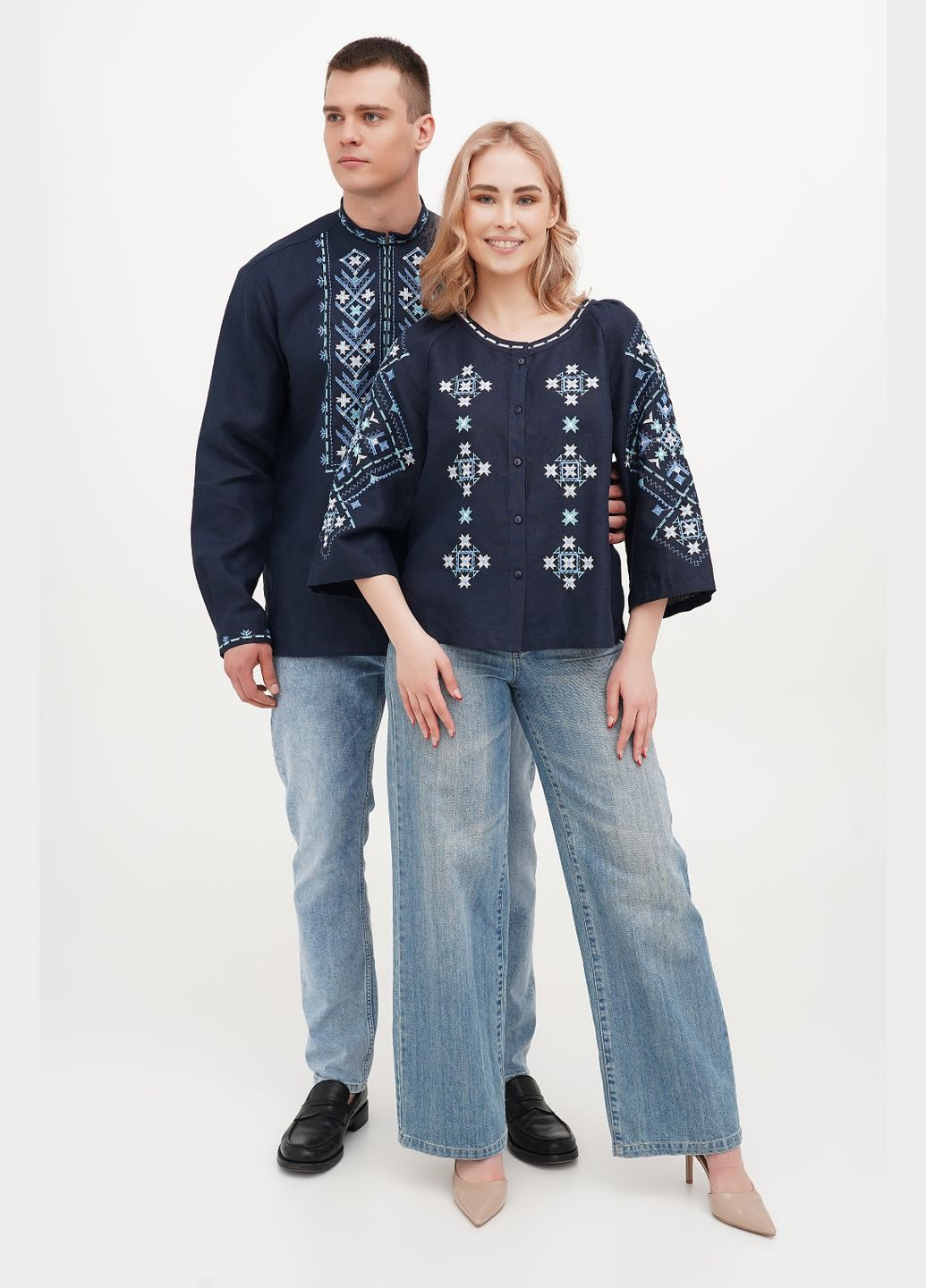 Синяя женская вышиванка из льна на пуговицах с ромбами и звездами вильха. синий, р.56, код 9451/56/999 ГАЛЕРЕЯ ЛЬОНУ