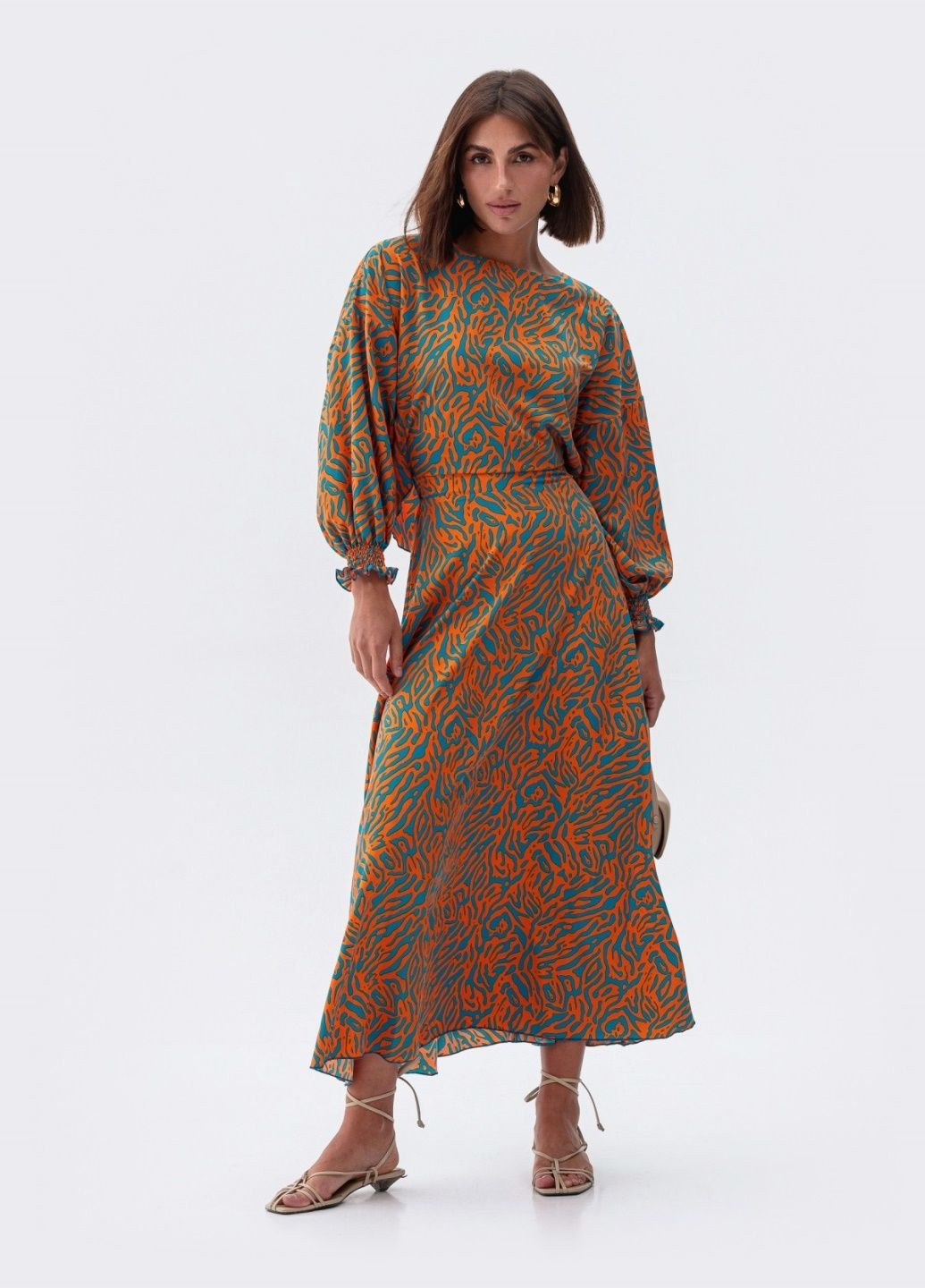 Бирюзовое кэжуал длинное шёлковое платье с принтом бирюзовое Dressa