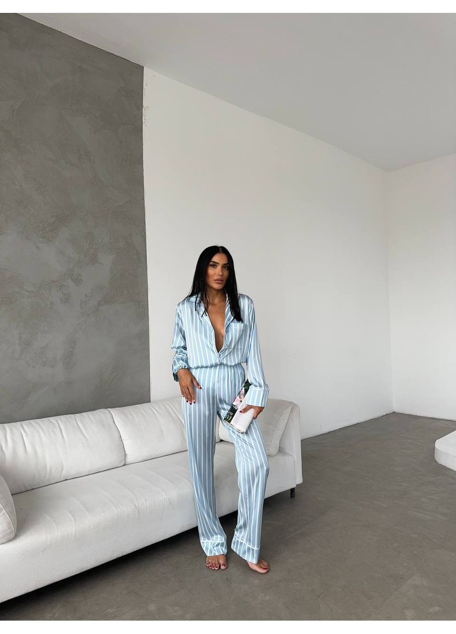 Голубая всесезон женская пижама | голубая полоска рубашка + брюки Vital-Textile 1263