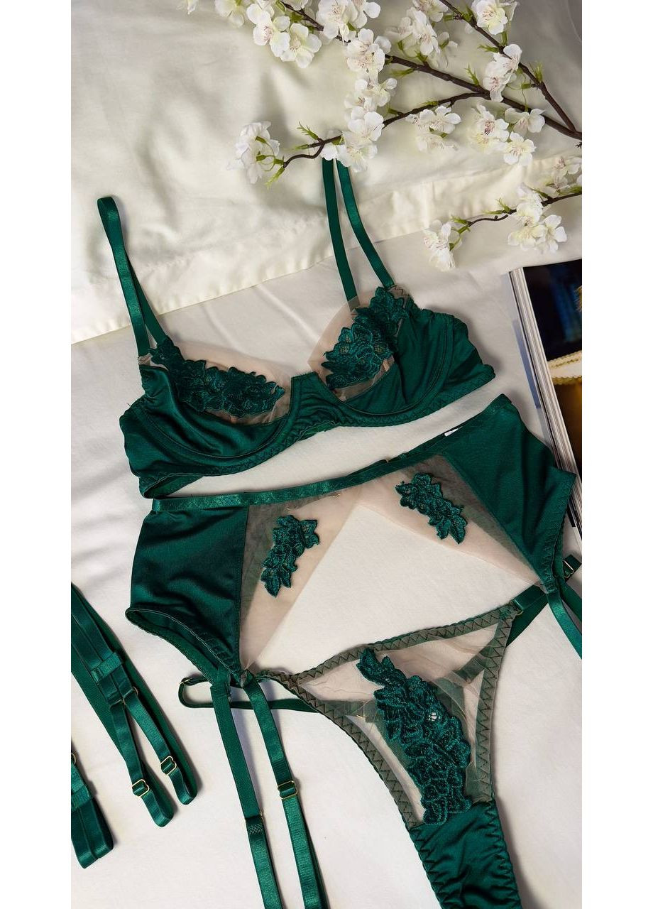 Темно-зеленый демисезонный комплект белья с кружевом и гартерами. Vakko