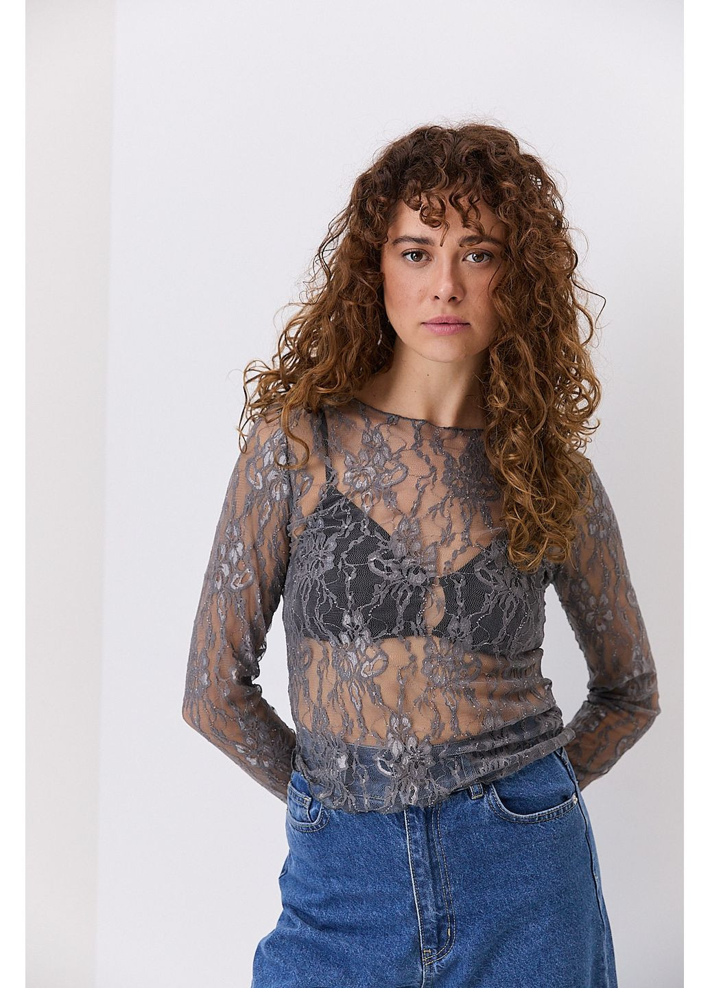 Женский кружевной лонгслив серого цвета Arjen (361056727)