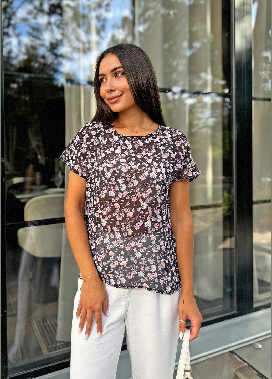 Чорна універсальна жіноча блуза з шифону INNOE Блуза