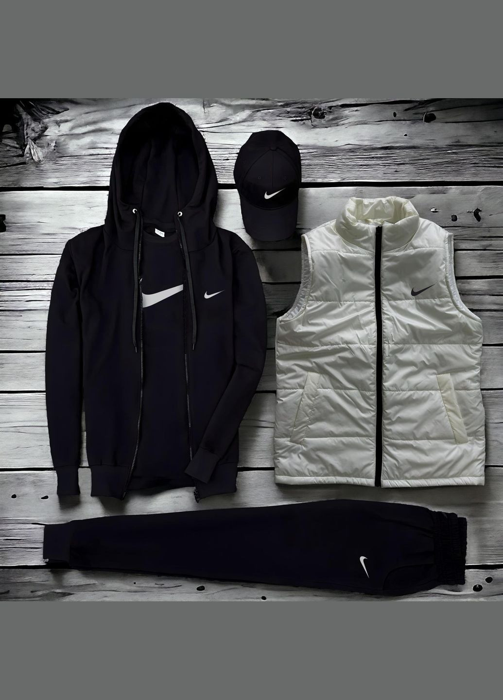 Комплект з жилеткою білого кольору (худі на блискавці+штани+футболка+кепка+жилетка) No Brand (316244422)