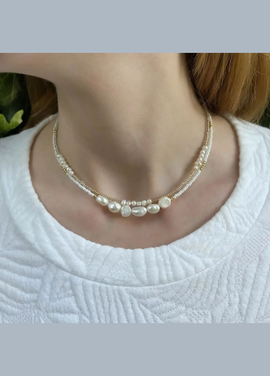 Чокер натуральный речной Жемчуг + бисер, фур-ра гип-ный сплав цвета золото d-10х2мм+- L-45-50см No Brand жемчуг (пресноводный) латунь, бисер золото (303140311)