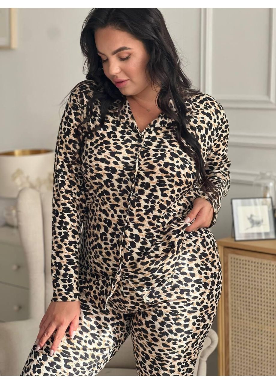 Комбінована жіноча піжама plus size леопардова, сорочка + штани / домашній комплект великих розмірів леопардовий принт / піжама жіноча No Brand