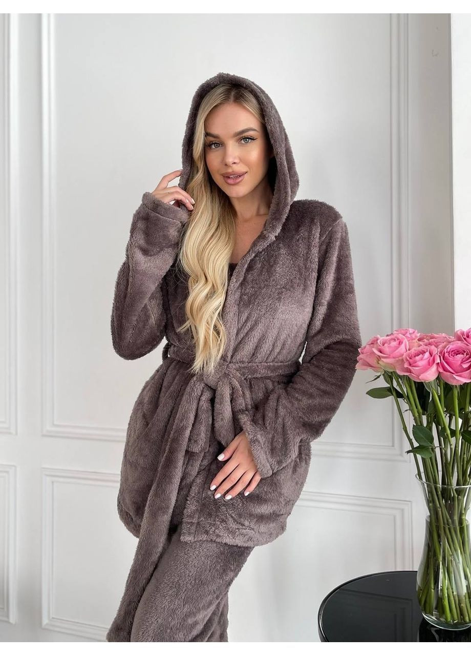 Домашний костюм тройка махра двусторонняя, топ, халат и штаны Україна (364814421)