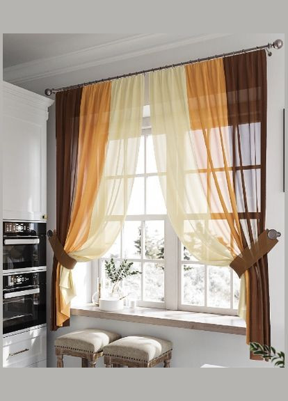 Тюль яркий готовый сшит на окно, гардина на тесьме с подвесами, три цвета Бежевый, желтый, коричневый Hanna (317171299)