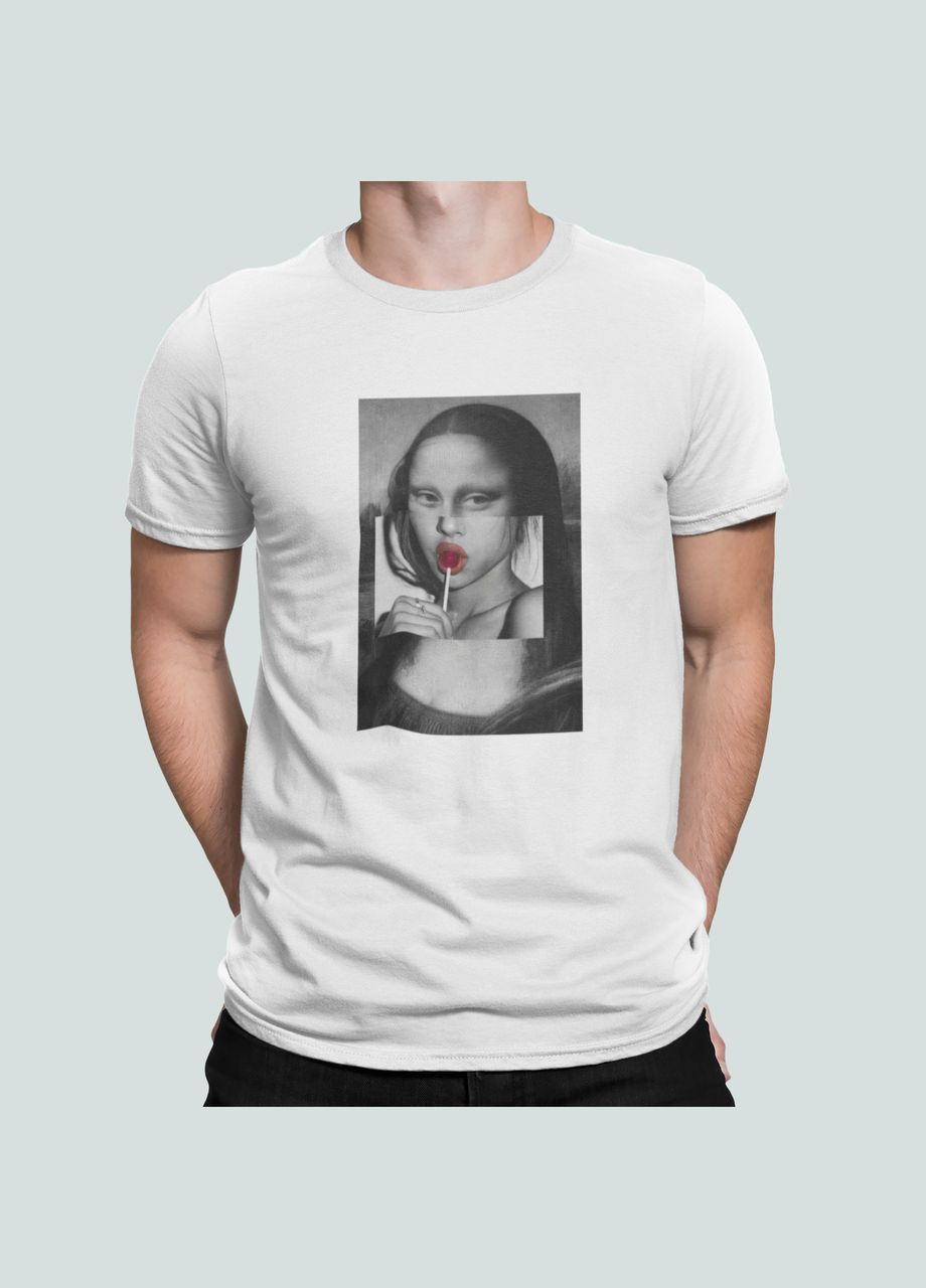 Белая мужская футболка с принтом мона лиза девушка с чупа чупсом Stedman