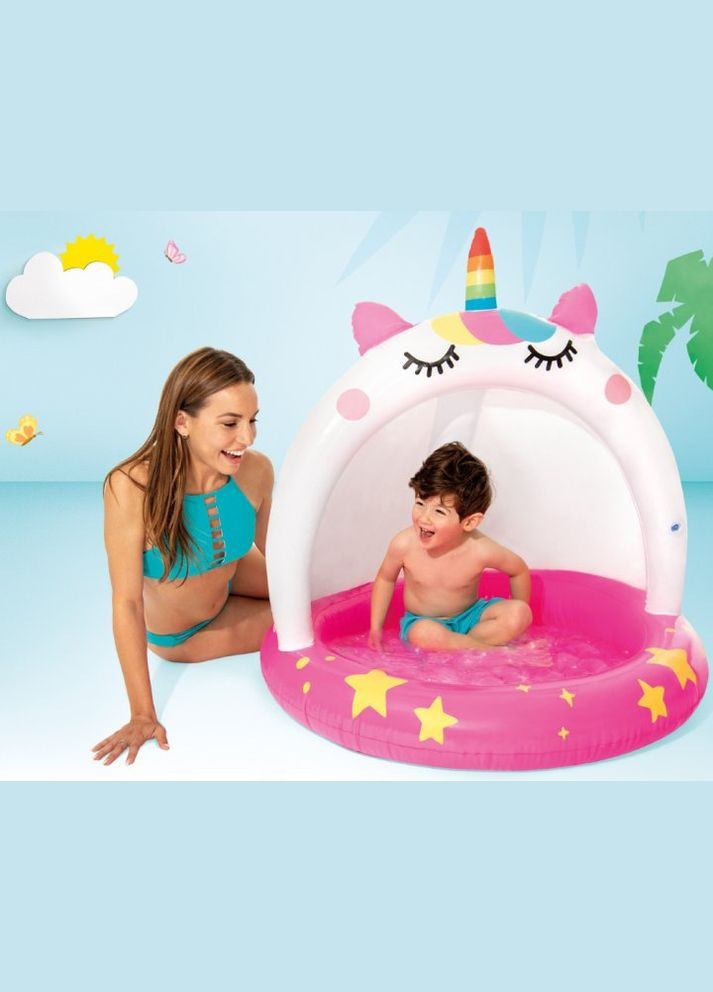 Бассейн детский Единорог 102х102см 45л с навесом Розовый/Белый (58438) Intex (301421522)