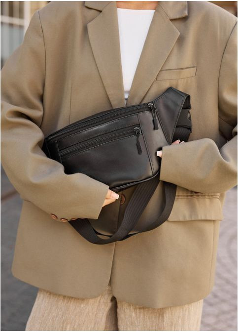 Жіноча поясна сумка бананка з натуральної шкіри Чорна (2912038617) Sambag (366036772)