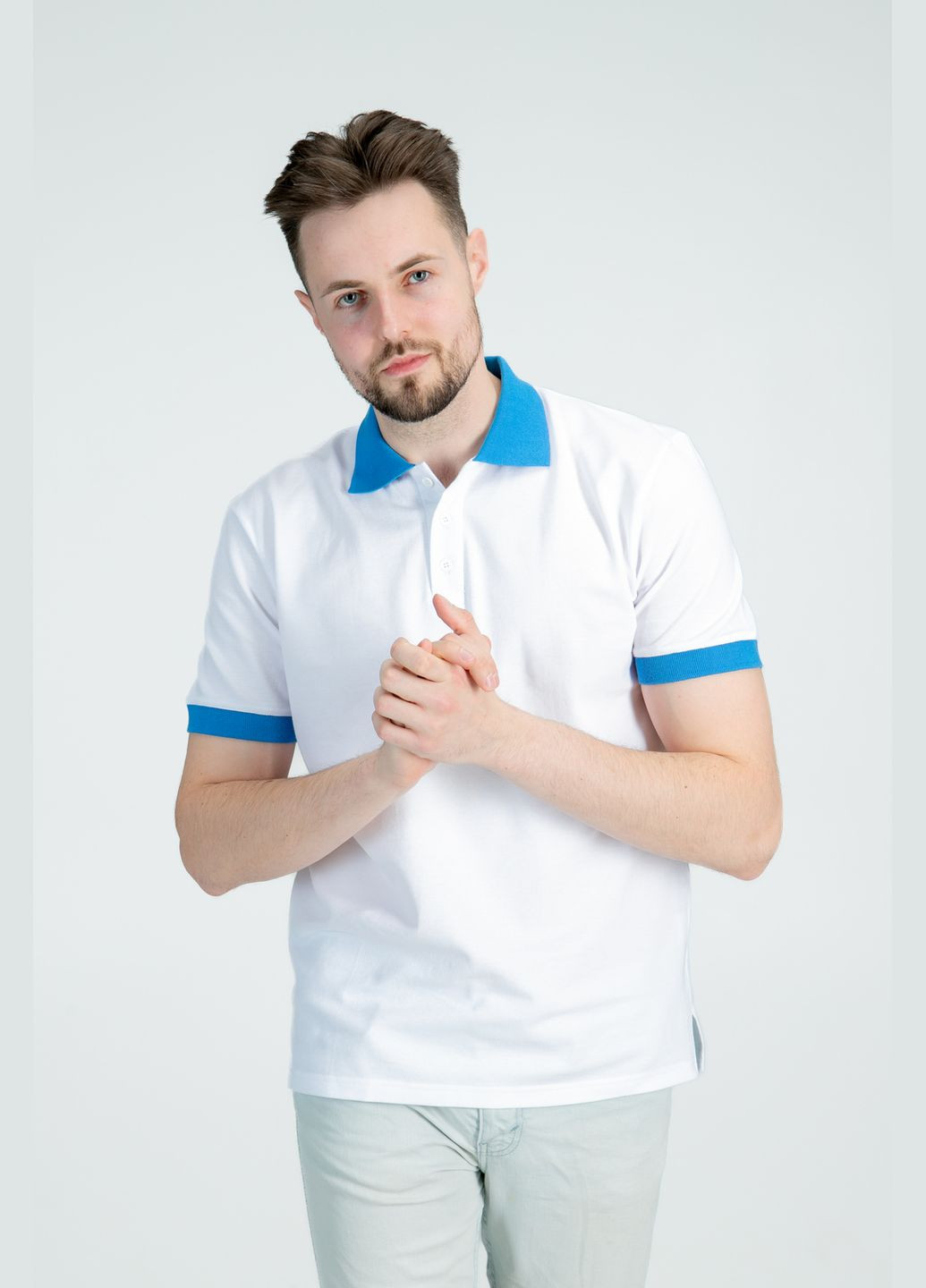 Біла з небесними манжетами і комірцем футболка поло чоловіча CLASSIC XXL(54) TvoePolo (316361997)