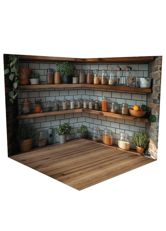 Угловой фотофон 3D виниловый, кухня с банками, пол натуральное дерево и камень, 50×50 см, №58326 PhotoVinyl (354374450)
