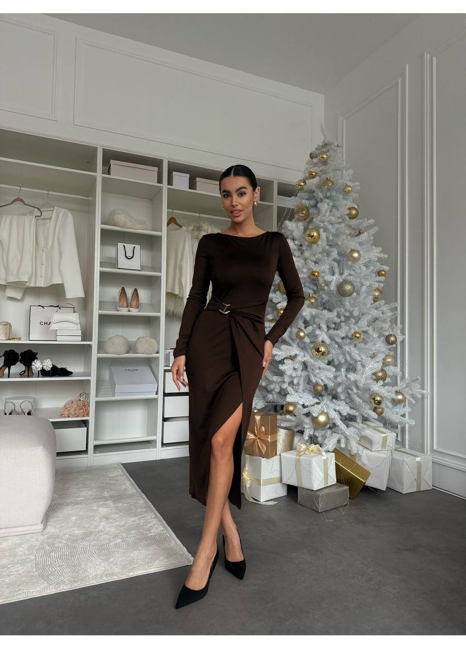Коричнева вечірня жіноча сукня з бляшкою з мікро дайвінгу — замір в описі DK/DL Мода без кордонів однотонна