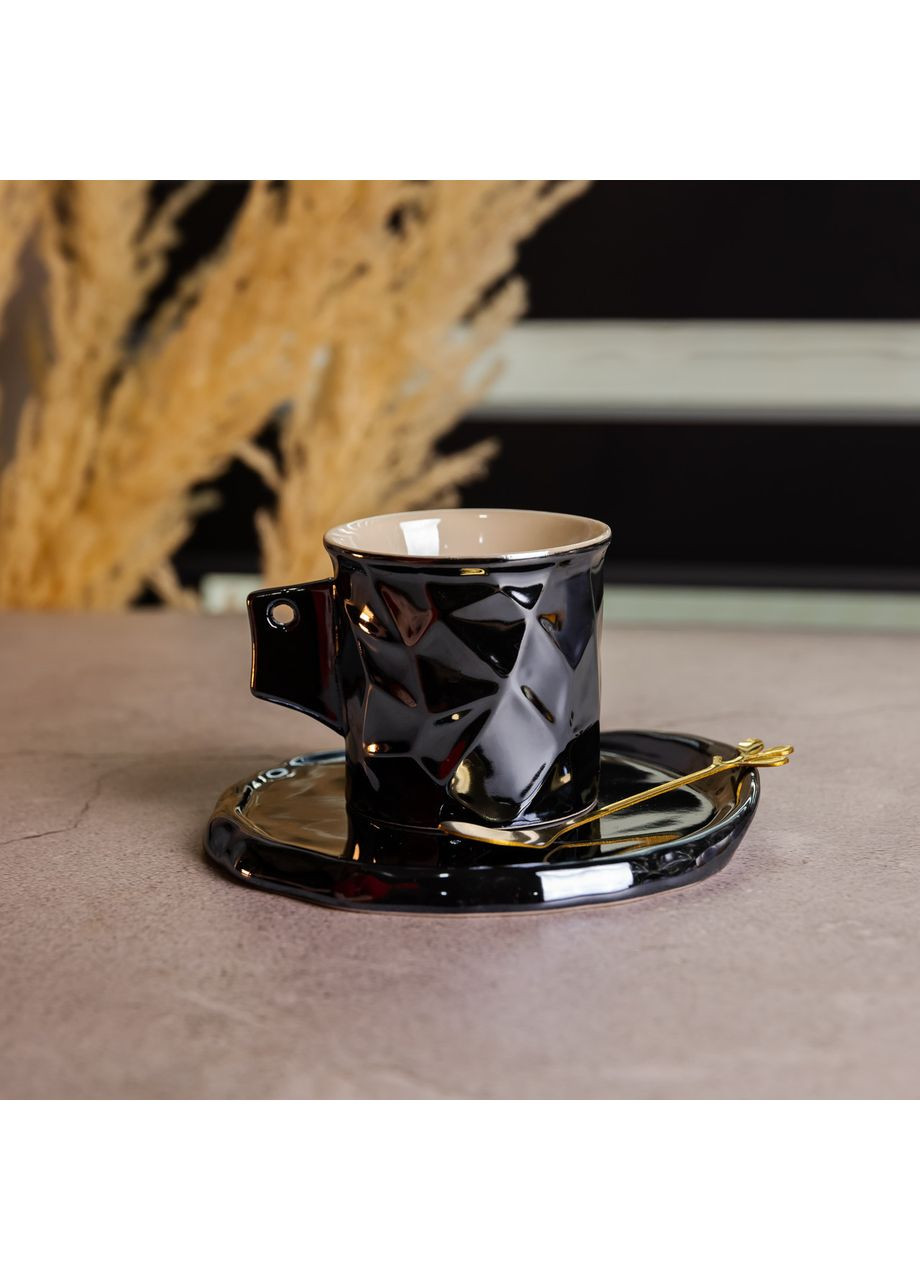 Чашка порцелянова для кави 200 (мл) з блюдцем і ложкою, гарна чашка в подарунок Чорний FM-2A Yiwu (371346003)