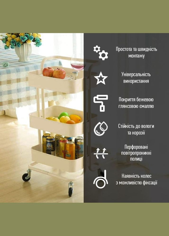 Этажерка мобильная трехъярусная универсальная из металла кремовая 45*37*82см SW-00002105 SW-00002105 Sticker Wall (317253625)