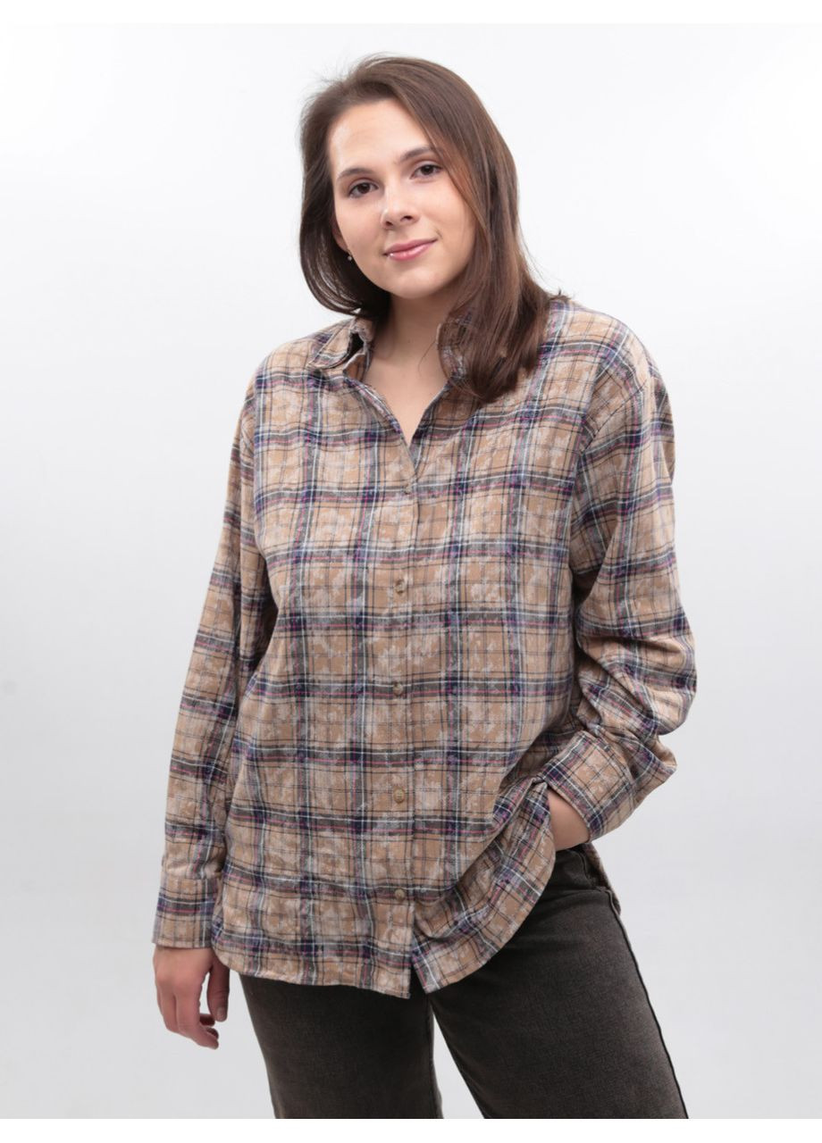 Сорочка жіноча бежева в клітку з варінням Cracpot Вільна (369668949)