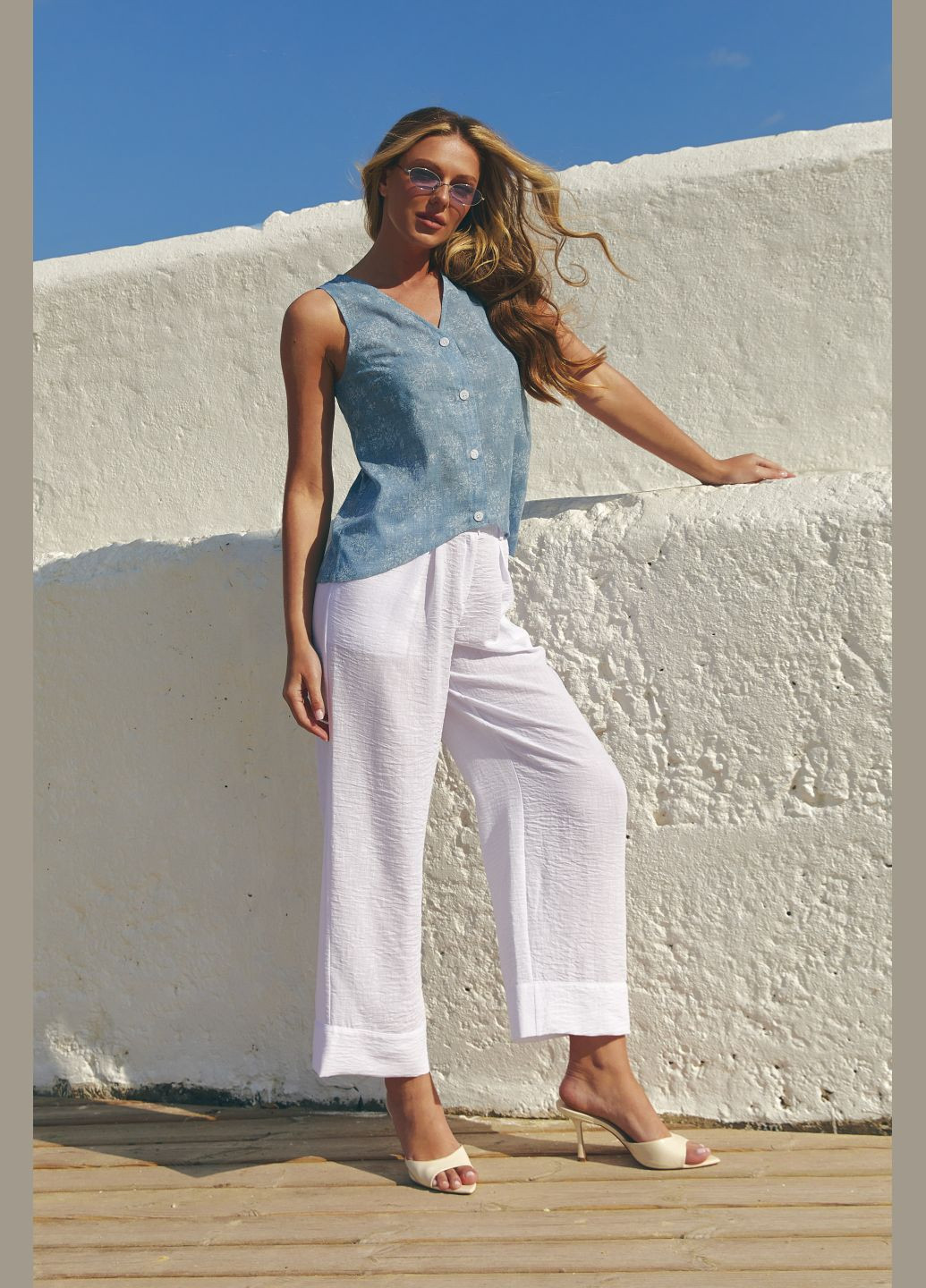 Брюки женские укороченные с высокой посадкой летние с карманами и резинкой на поясе свободного кроя ST-Seventeen (333337547)