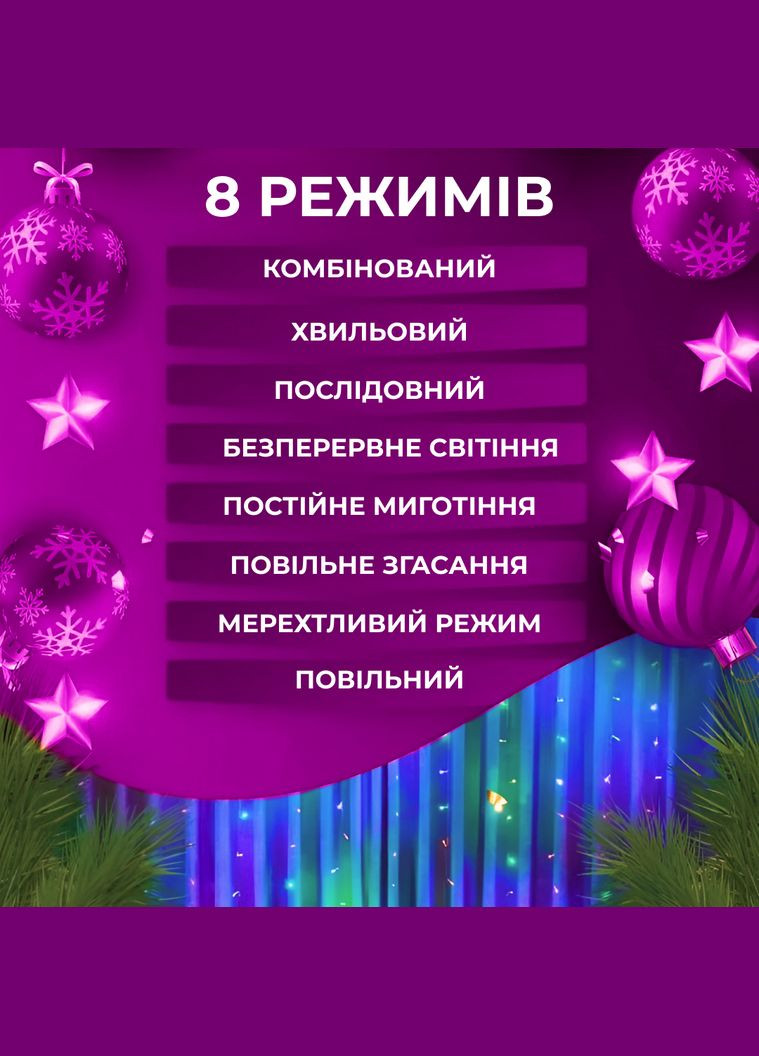 Гирлянда штора 2х2 м 240 LED светодиодная прозрачный провод 8 линий No Brand ZWM2240LEDML (299239601)