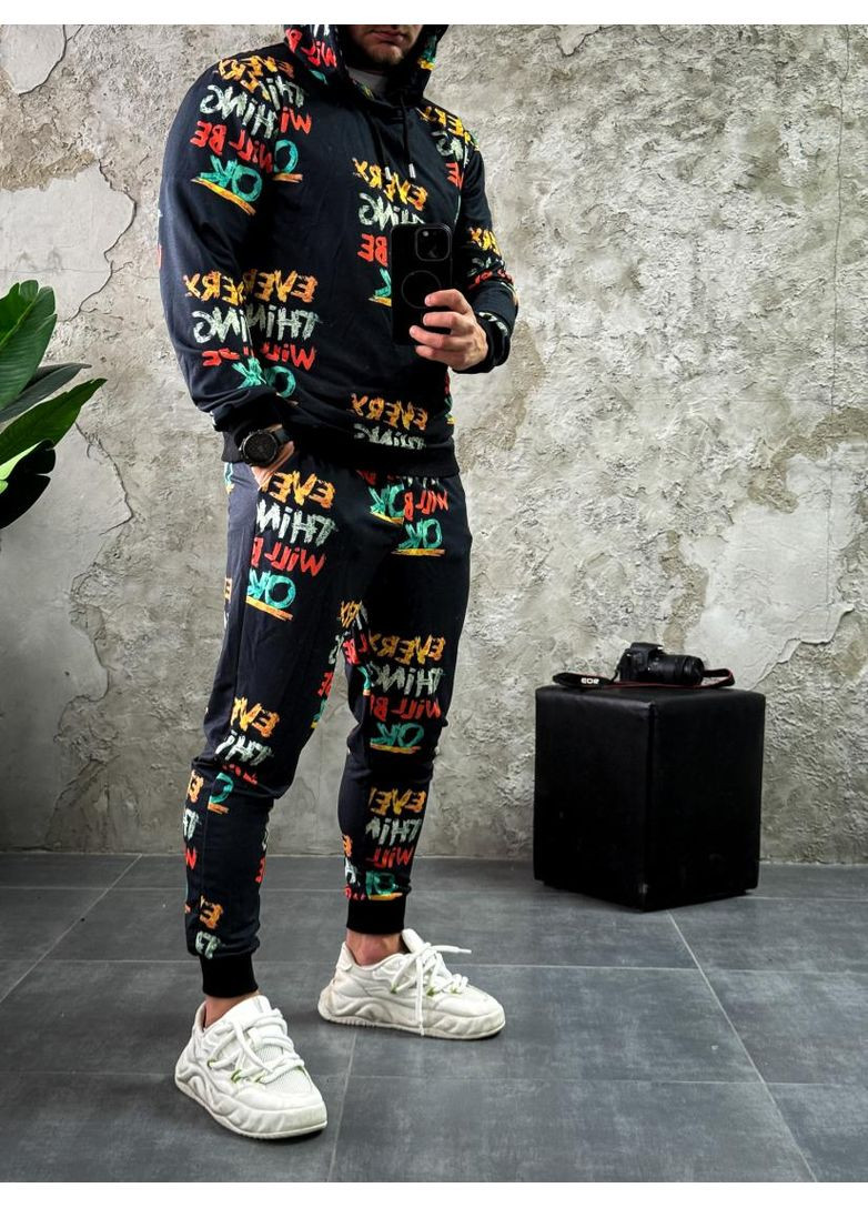 Чоловічий чорний спортивний костюм з яскравими написами No Brand (370958265)