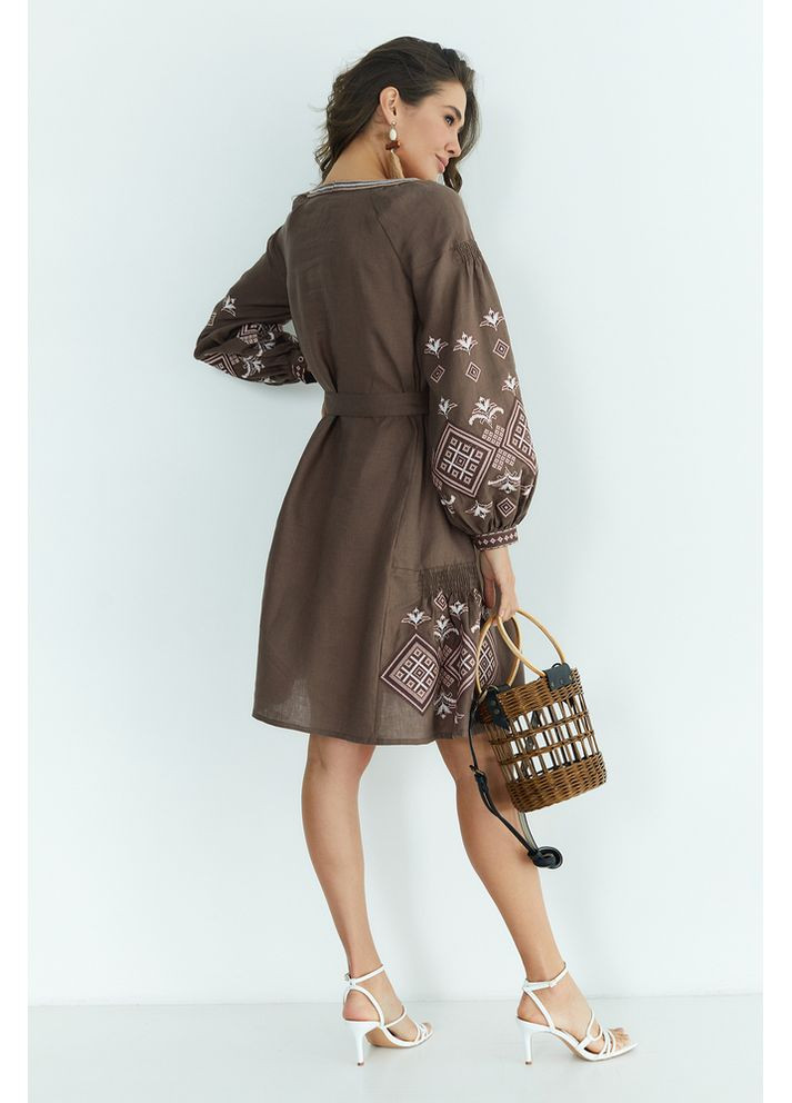Коричневая женское льняное платье-вышиванка (fm3025) Folk Moda (365729920)