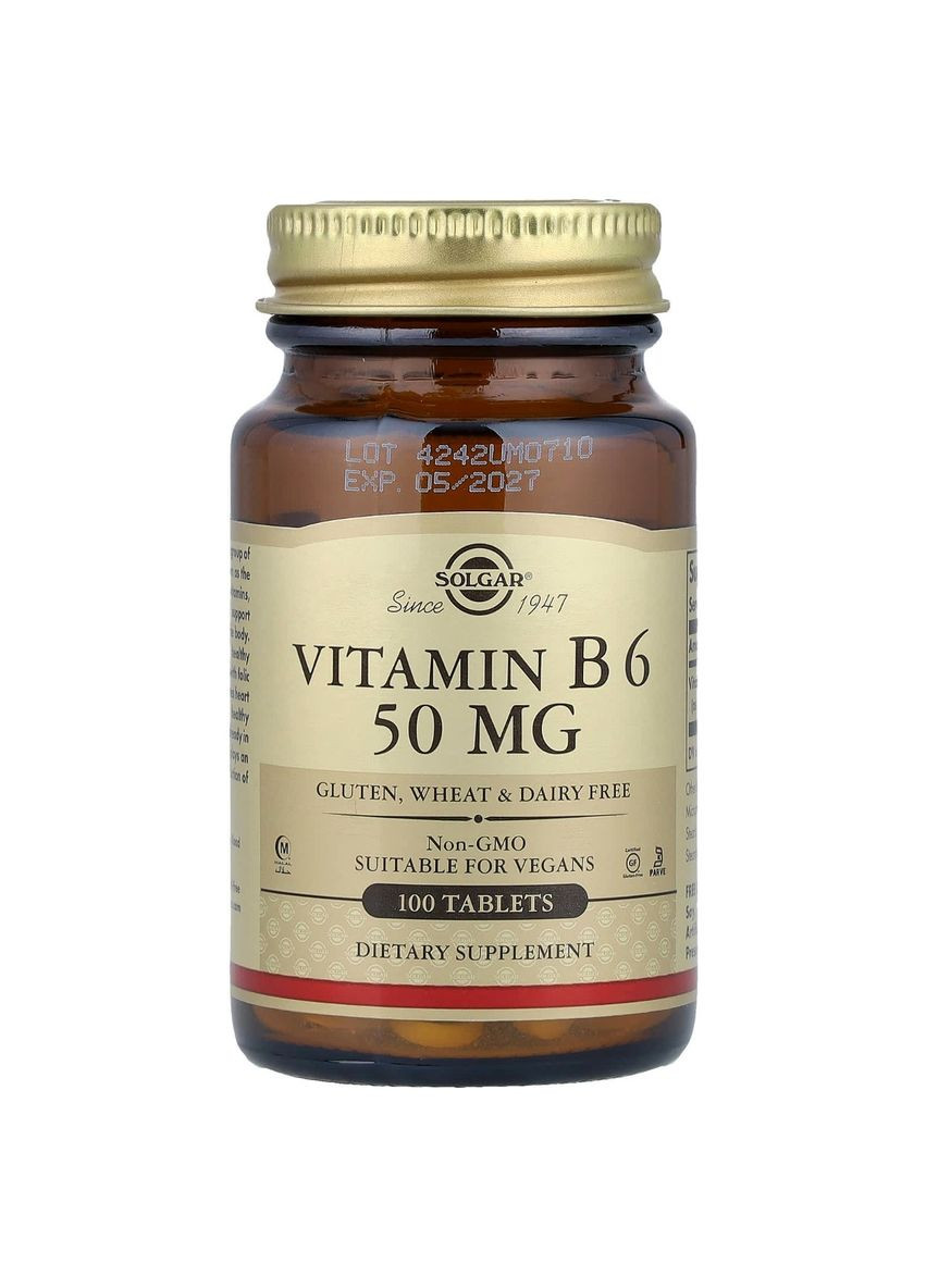 Витамин В6, Vitamin B6, 50 мг, 100 таблеток Solgar (326055201)