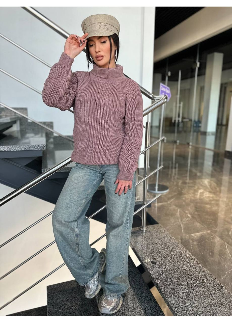 Пудровий зимовий жіночий однотонний светр із горловиною Fashion