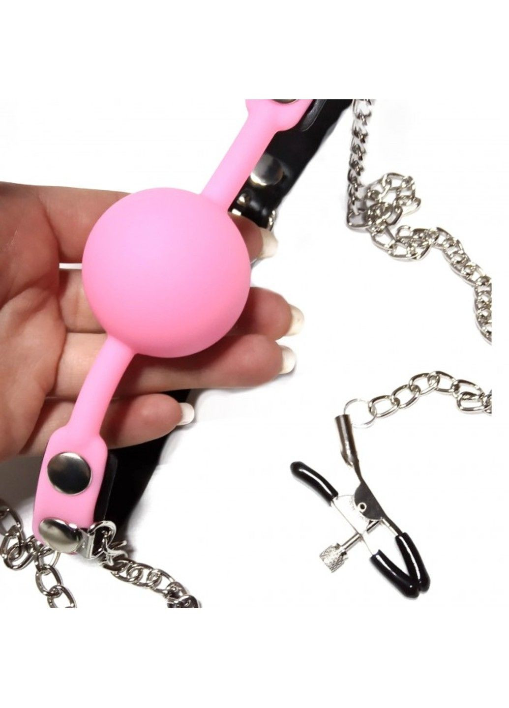 Кляп с зажимами на соски Locking gag with nipple clamps black/pink DS Fetish (292011515)