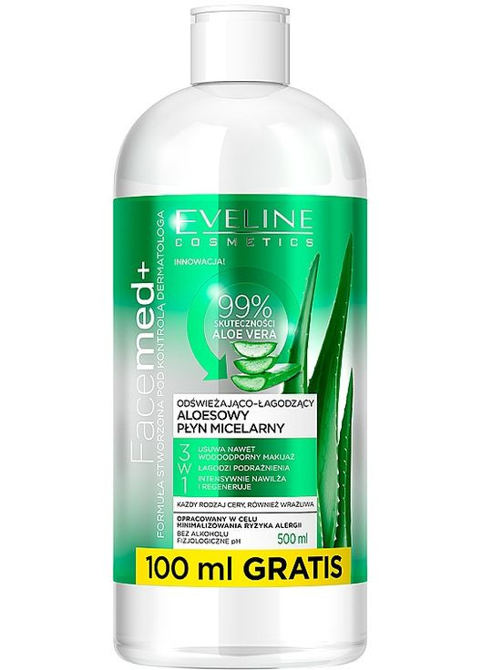 Освіжально-заспокійлива міцелярна вода з алоє вера 3 в 1 - Eveline Facemed+ Micellar Water 500ml (456987-1670) Eveline Cosmetics (368658277)
