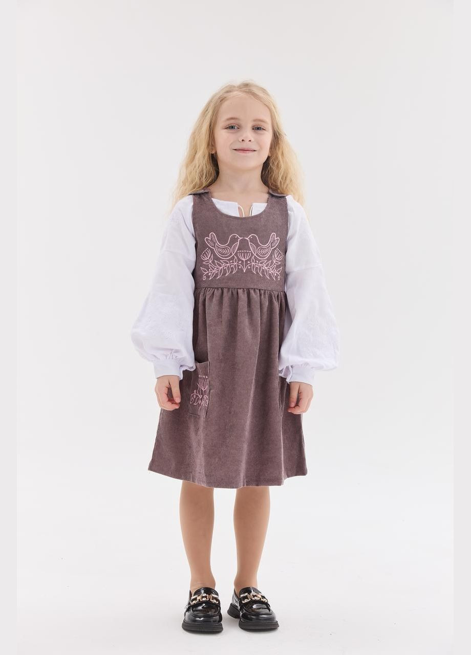 Розово-коричневая сарафан с вышивкой для девочки "соловьина" MEREZHKA узор орнамент полиэстер (322650192)