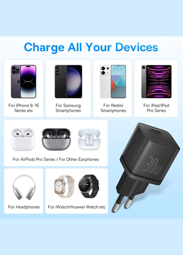Мережевий зарядний пристрій GaN3 Fast Charger 30W Type-C Black Baseus (298426407)