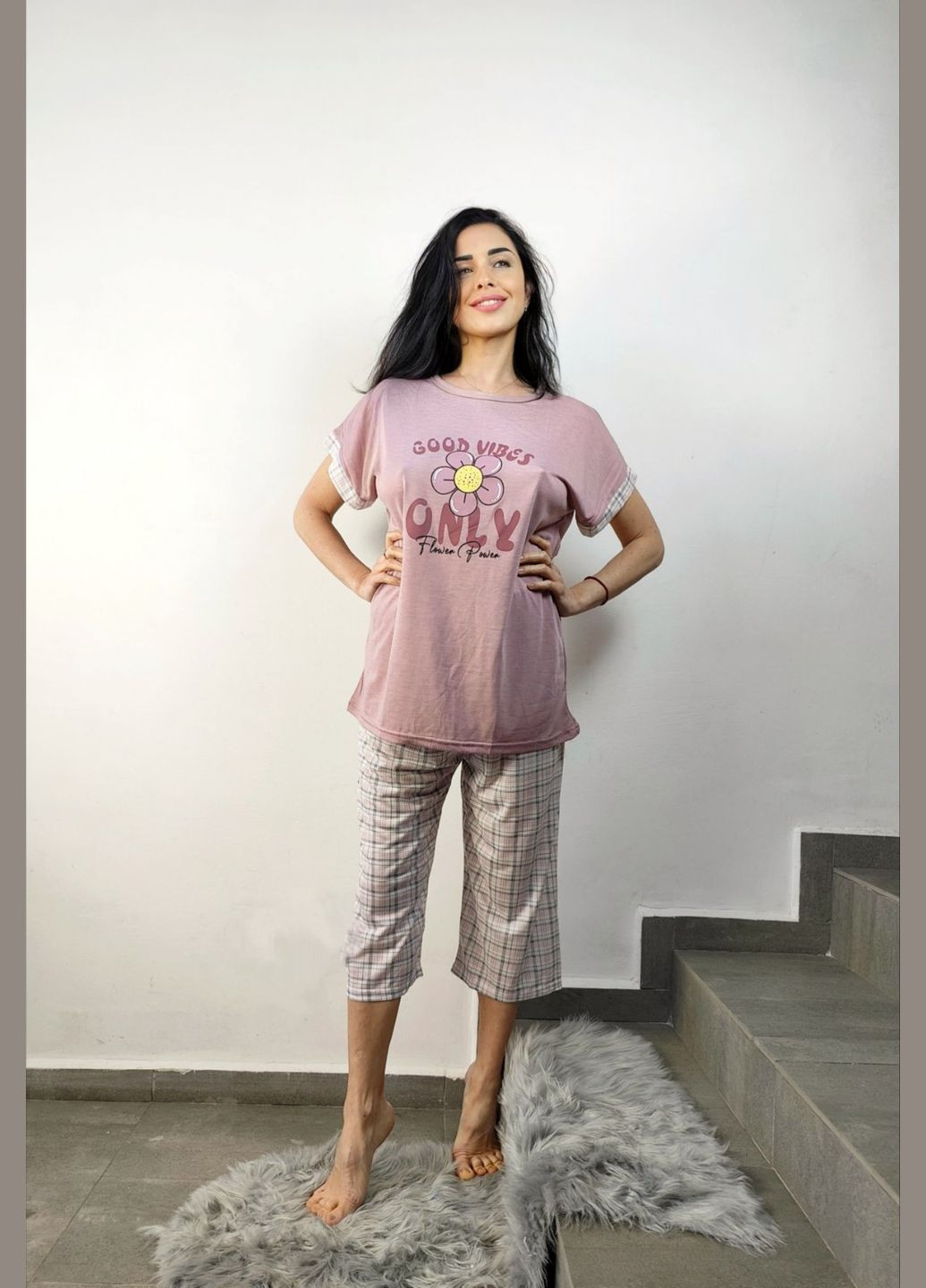Комбінована всесезон жіноча батальна піжама великого розміру з футболкою та бріджами MARILYN MOOD