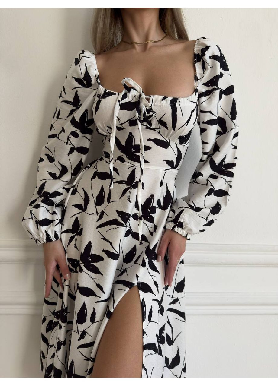 Белое кэжуал женское платье с длинными рукавами и разрезом. клеш Україна с цветочным принтом