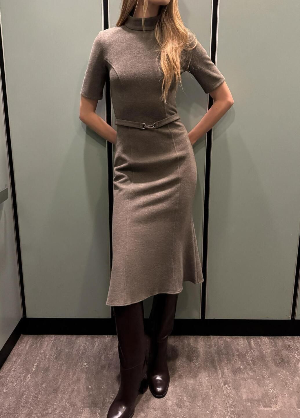 Коричневое платье Zara однотонное