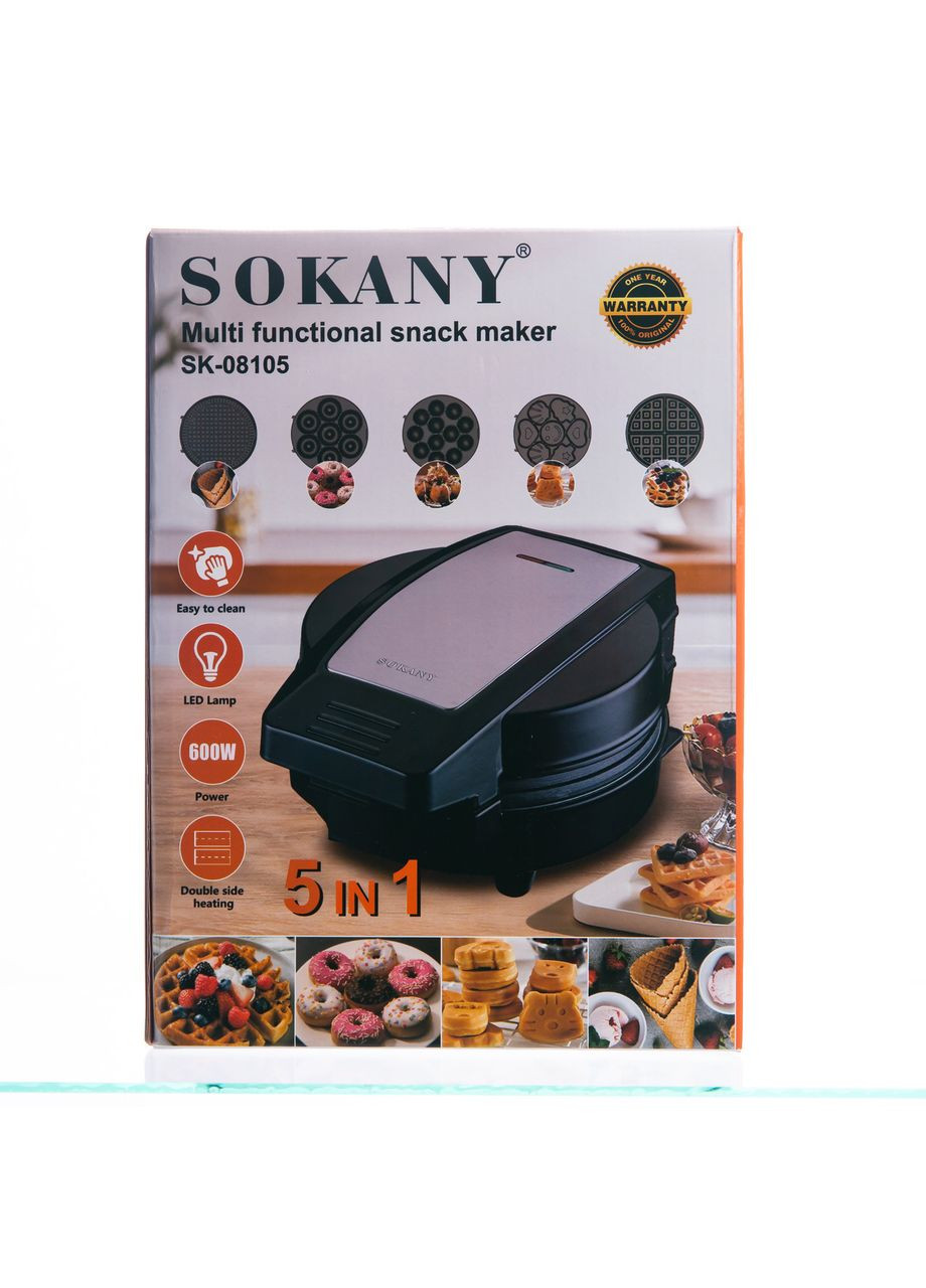 Мультипекар Sokany SK-08105 5 в 1 600 Вт з антипригарними панелями: для вафель, коржів, пончиків, горішків, фігурного печива Yiwu (370801269)